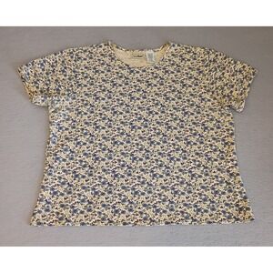 Vintage LL Bean T Shirt Womens Large Blue Floral Boxy Short Sleeve Cottagecore